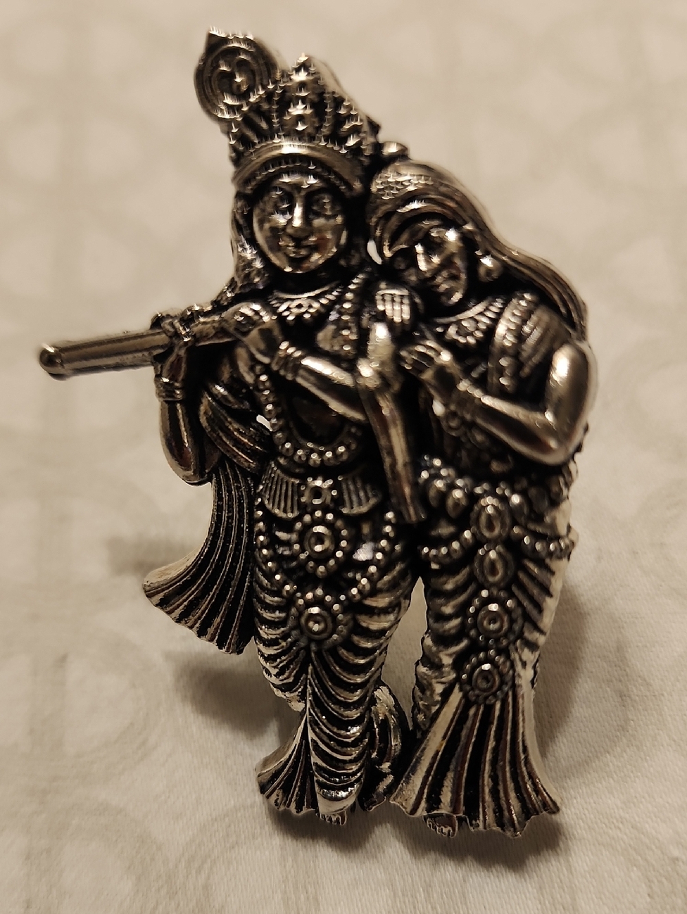 Silver-Tone Radha Krishna Figurine Unique  Ring  - Detailed Devotional Design